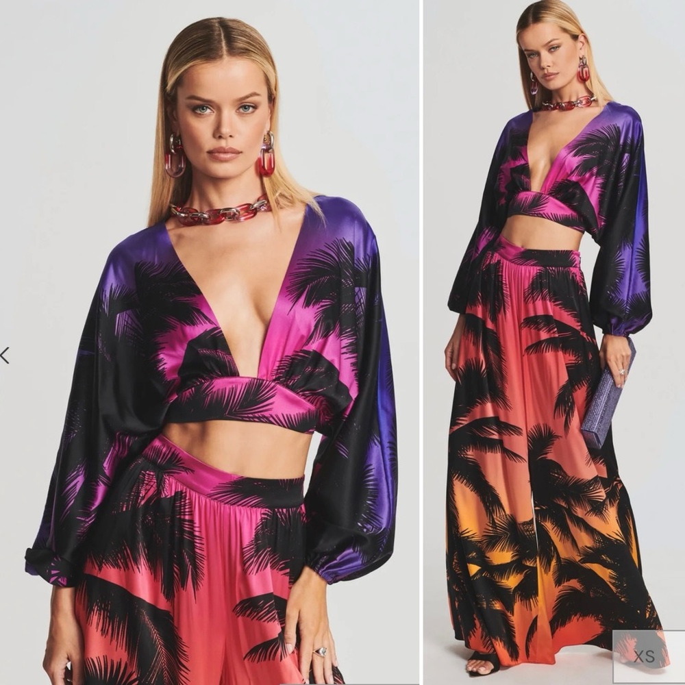 RETROFETE Clarisa Silk Top Plunge Neckline Billowed Sleeves Sunset Palm XS NEW